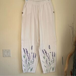 NORACORA White Linen Look Tapered Pants Lavender Floral Print Size M